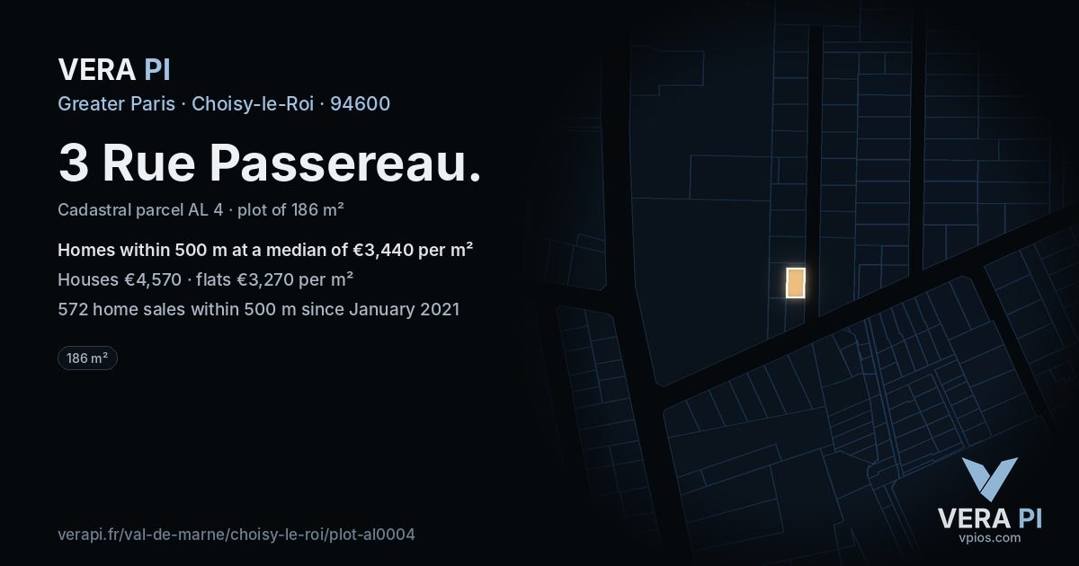 3 Rue Passereau, Choisy-le-Roi at night – the plot lit, the parcels around coloured by the prices near them