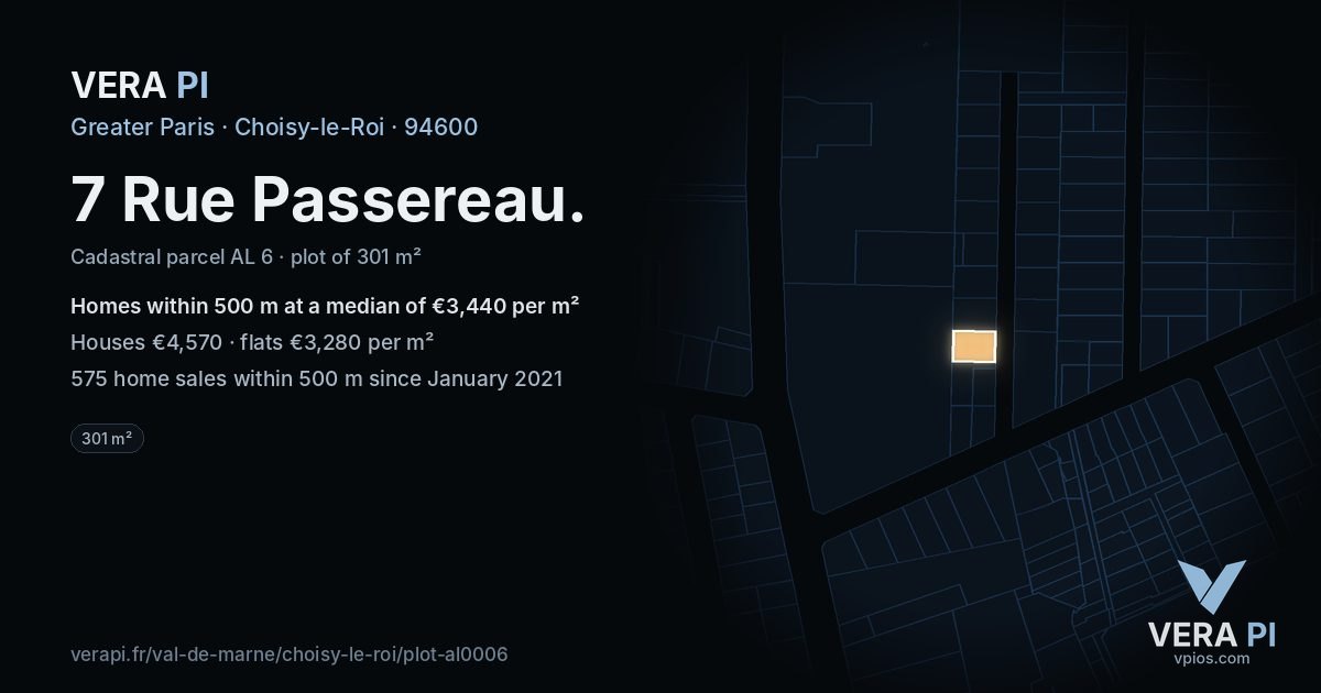 7 Rue Passereau, Choisy-le-Roi at night – the plot lit, the parcels around coloured by the prices near them