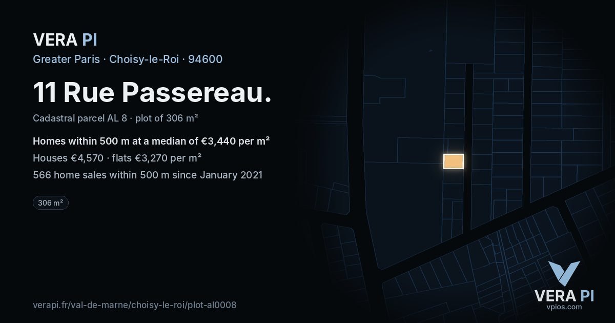 11 Rue Passereau, Choisy-le-Roi at night – the plot lit, the parcels around coloured by the prices near them