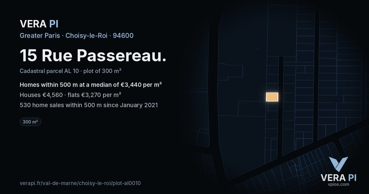 15 Rue Passereau, Choisy-le-Roi at night – the plot lit, the parcels around coloured by the prices near them