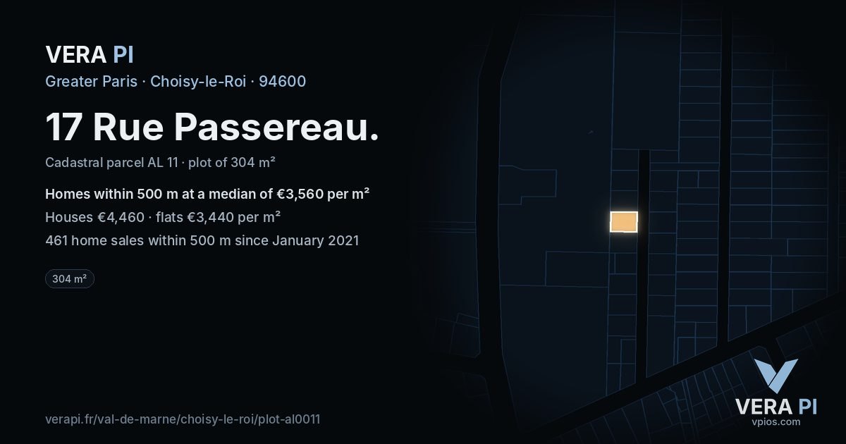 17 Rue Passereau, Choisy-le-Roi at night – the plot lit, the parcels around coloured by the prices near them