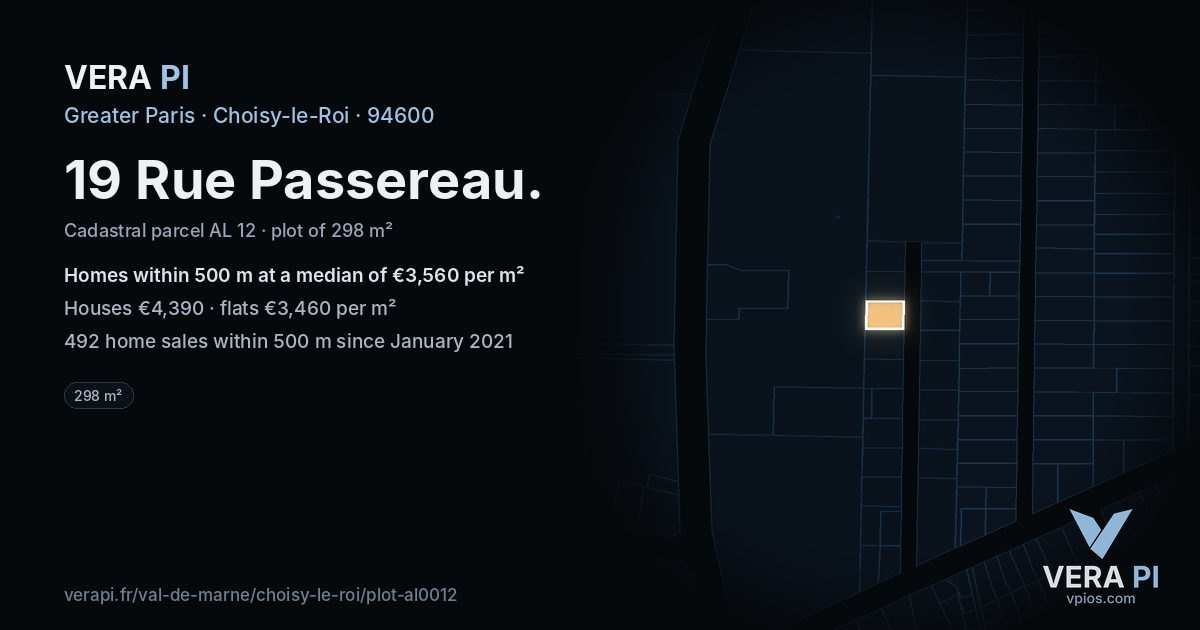 19 Rue Passereau, Choisy-le-Roi at night – the plot lit, the parcels around coloured by the prices near them