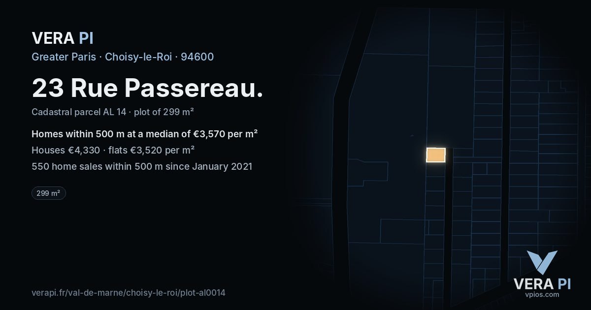 23 Rue Passereau, Choisy-le-Roi at night – the plot lit, the parcels around coloured by the prices near them