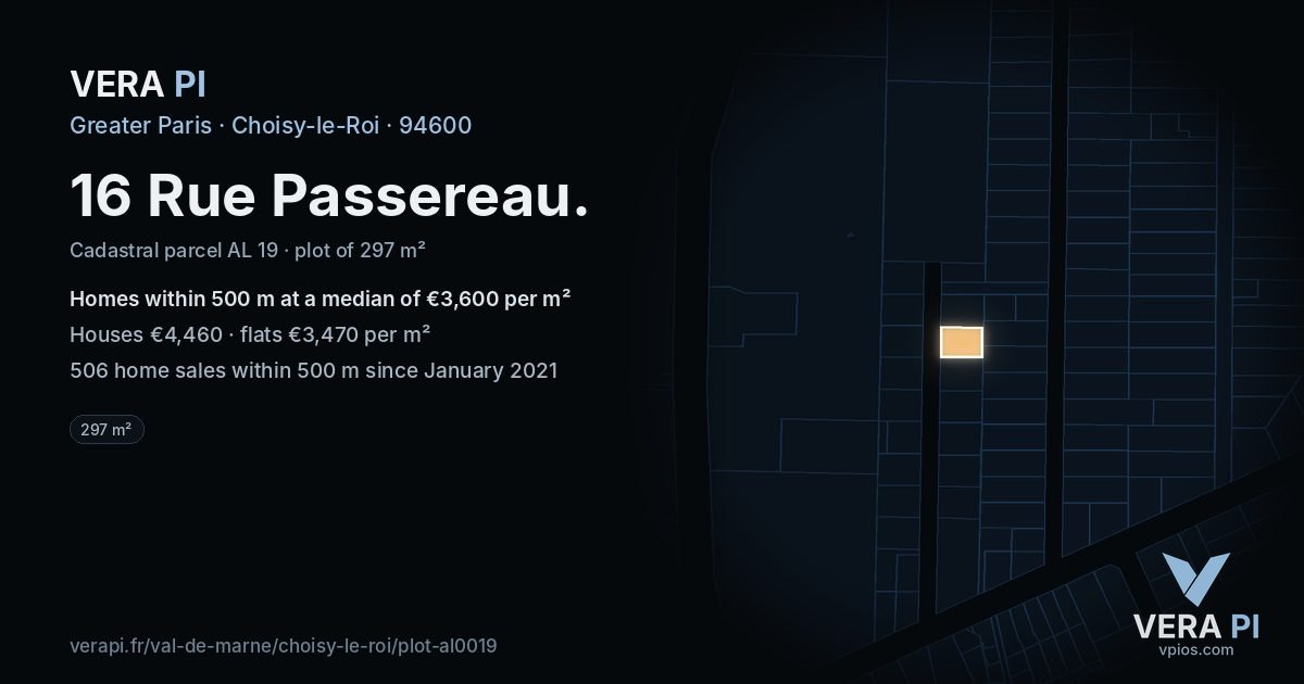 16 Rue Passereau, Choisy-le-Roi at night – the plot lit, the parcels around coloured by the prices near them