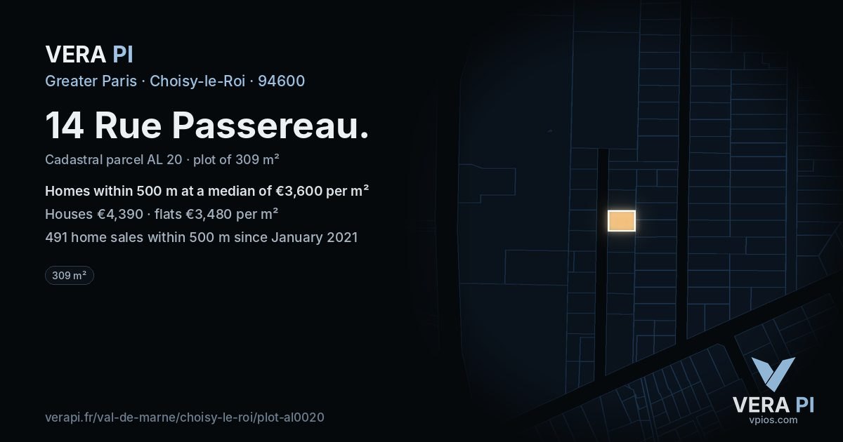 14 Rue Passereau, Choisy-le-Roi at night – the plot lit, the parcels around coloured by the prices near them