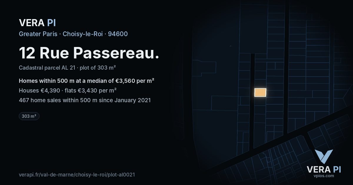 12 Rue Passereau, Choisy-le-Roi at night – the plot lit, the parcels around coloured by the prices near them
