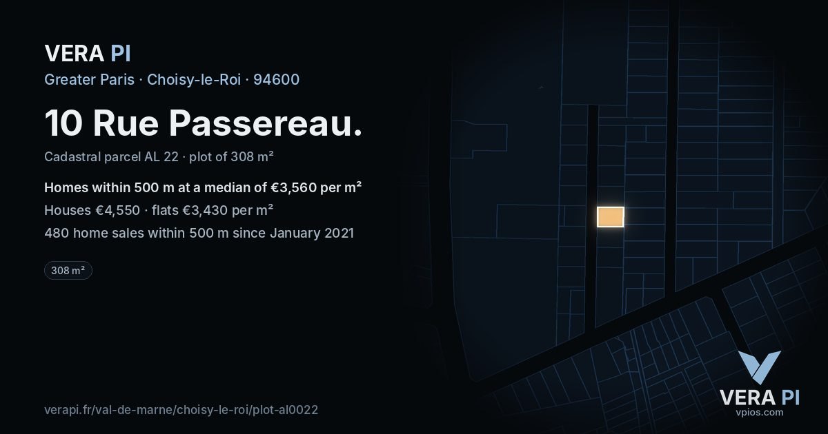 10 Rue Passereau, Choisy-le-Roi at night – the plot lit, the parcels around coloured by the prices near them