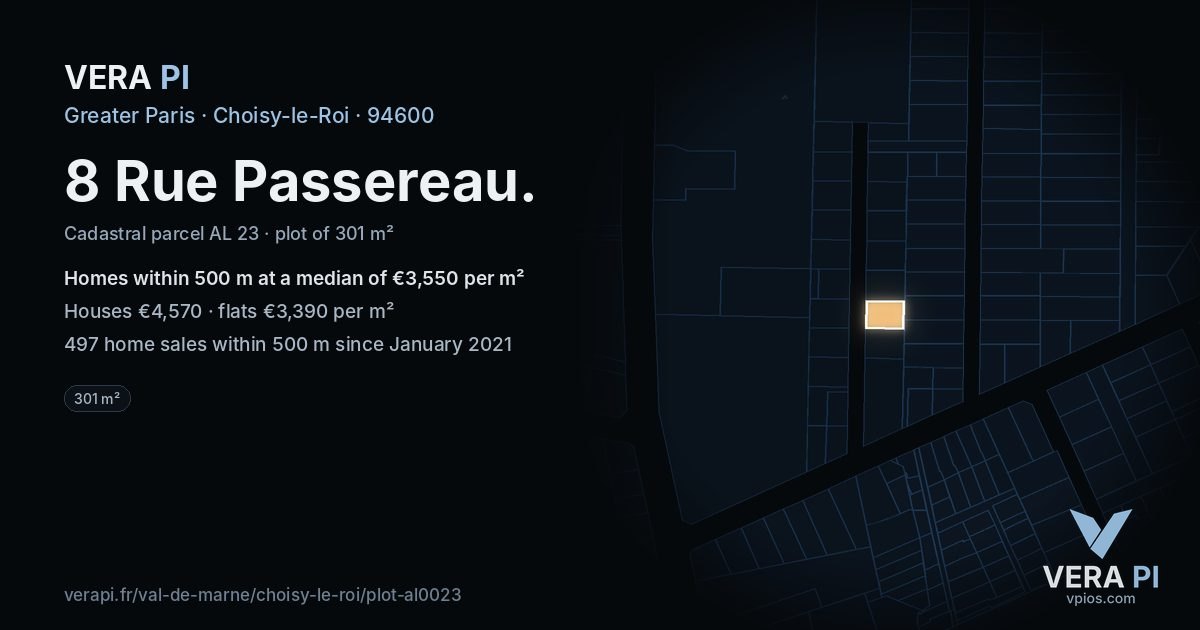 8 Rue Passereau, Choisy-le-Roi at night – the plot lit, the parcels around coloured by the prices near them