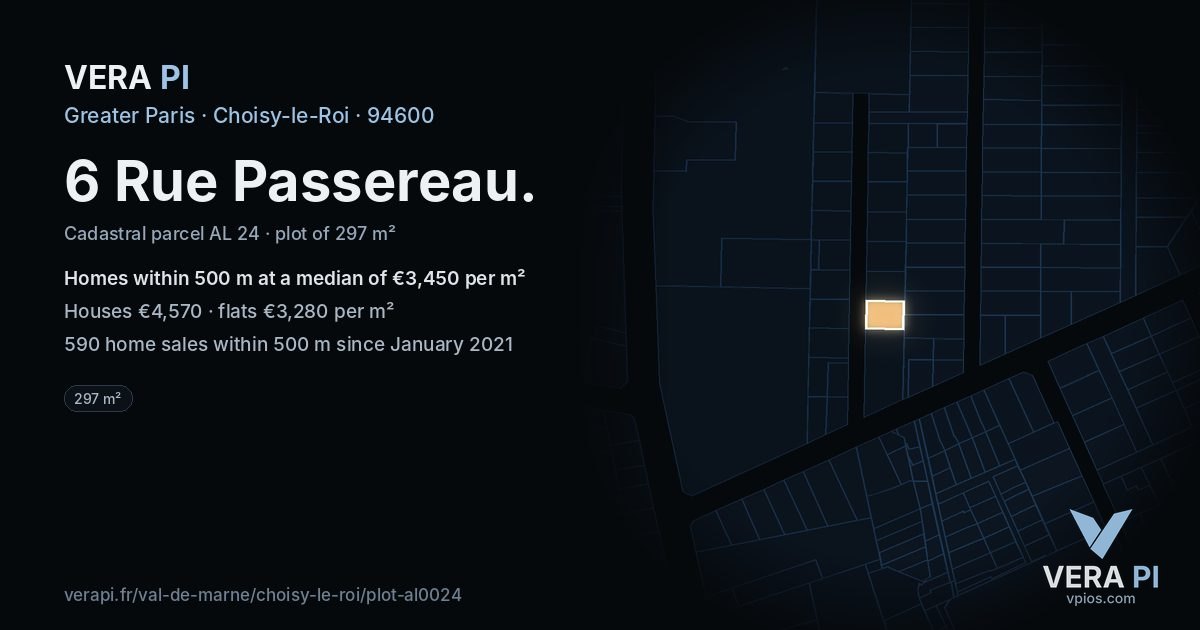 6 Rue Passereau, Choisy-le-Roi at night – the plot lit, the parcels around coloured by the prices near them