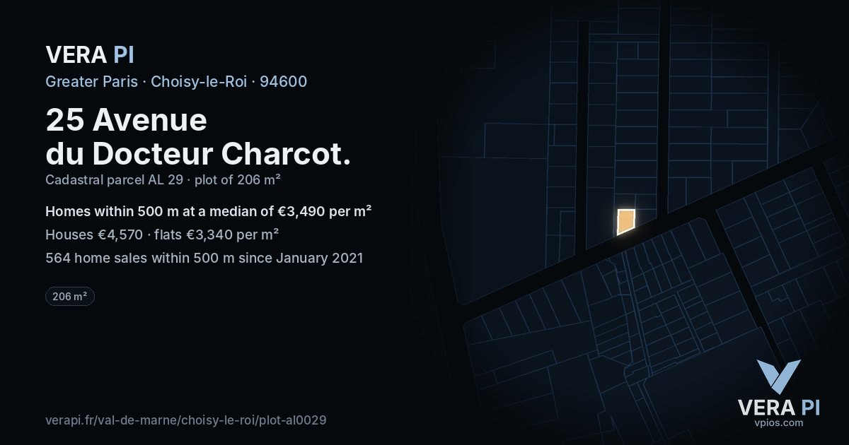 25 Avenue du Docteur Charcot, Choisy-le-Roi at night – the plot lit, the parcels around coloured by the prices near them