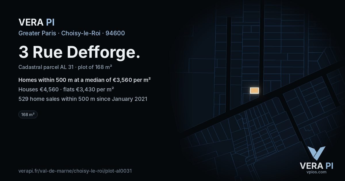 3 Rue Defforge, Choisy-le-Roi at night – the plot lit, the parcels around coloured by the prices near them