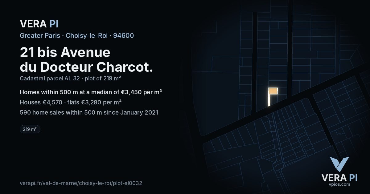 21 bis Avenue du Docteur Charcot, Choisy-le-Roi at night – the plot lit, the parcels around coloured by the prices near them