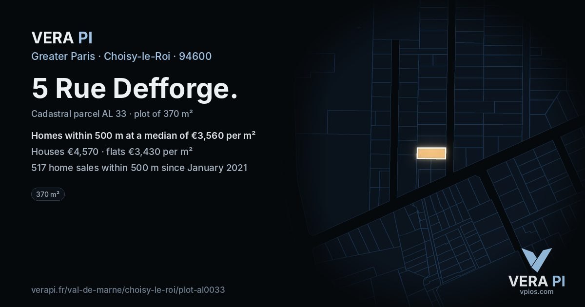 5 Rue Defforge, Choisy-le-Roi at night – the plot lit, the parcels around coloured by the prices near them