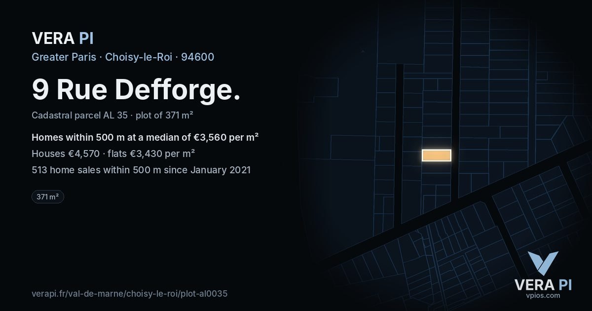 9 Rue Defforge, Choisy-le-Roi at night – the plot lit, the parcels around coloured by the prices near them