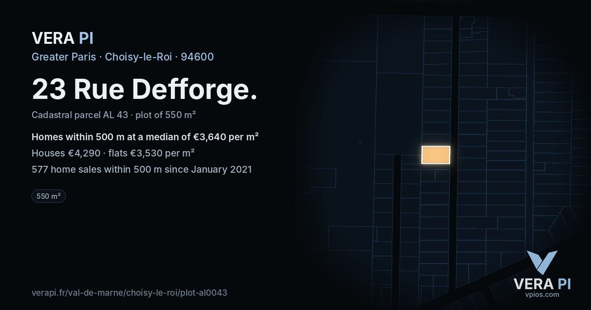 23 Rue Defforge, Choisy-le-Roi at night – the plot lit, the parcels around coloured by the prices near them
