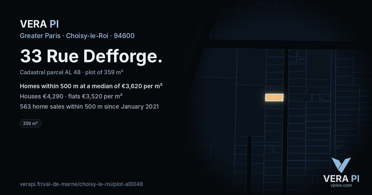 33 Rue Defforge, Choisy-le-Roi at night – the plot lit, the parcels around coloured by the prices near them