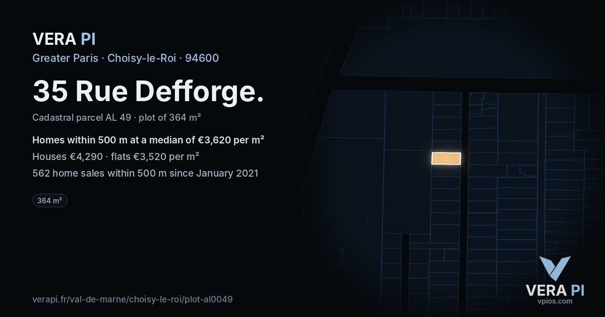 35 Rue Defforge, Choisy-le-Roi at night – the plot lit, the parcels around coloured by the prices near them