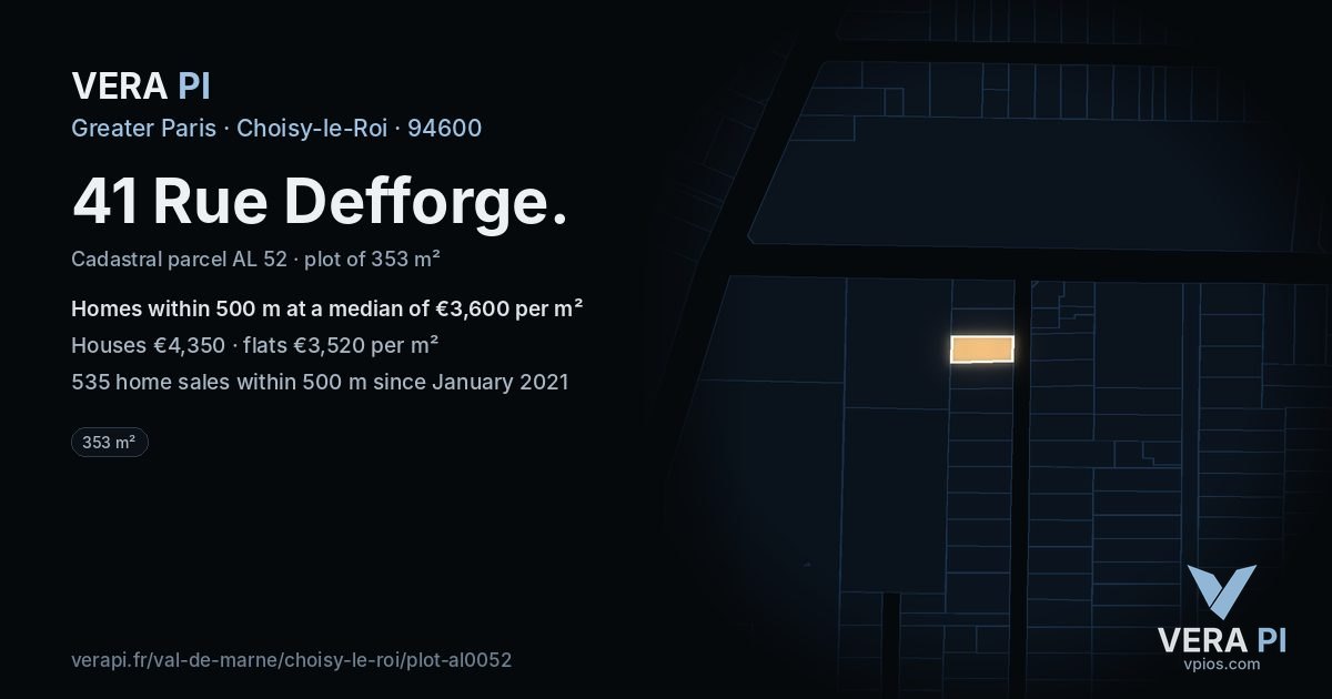 41 Rue Defforge, Choisy-le-Roi at night – the plot lit, the parcels around coloured by the prices near them
