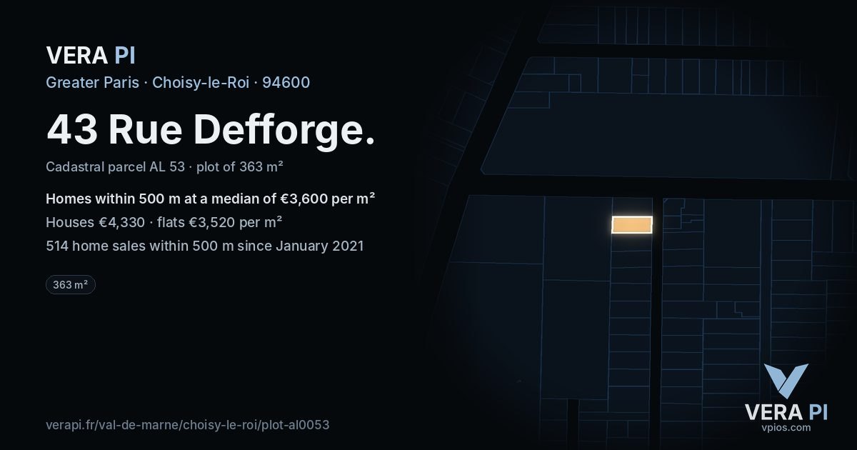 43 Rue Defforge, Choisy-le-Roi at night – the plot lit, the parcels around coloured by the prices near them