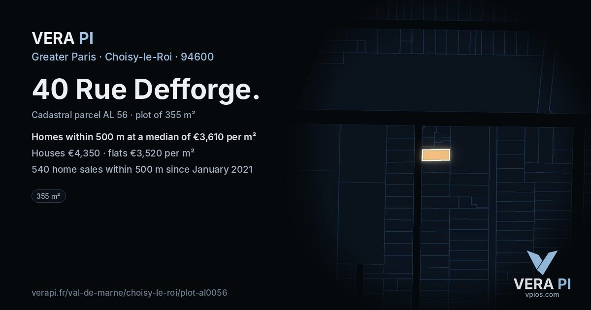 40 Rue Defforge, Choisy-le-Roi at night – the plot lit, the parcels around coloured by the prices near them