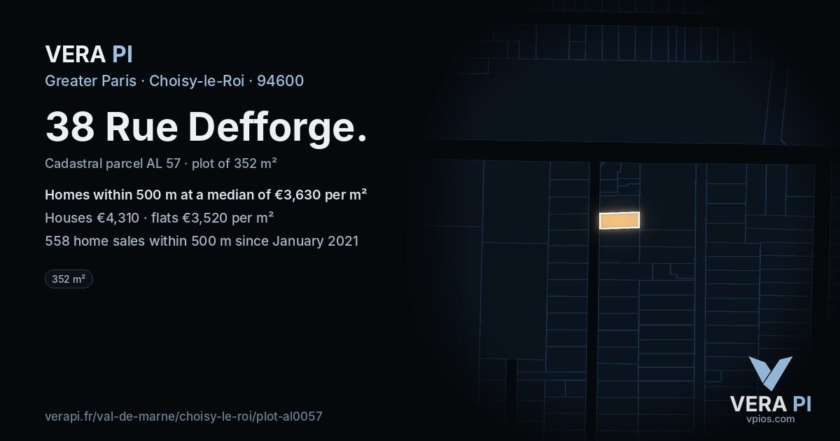 38 Rue Defforge, Choisy-le-Roi at night – the plot lit, the parcels around coloured by the prices near them