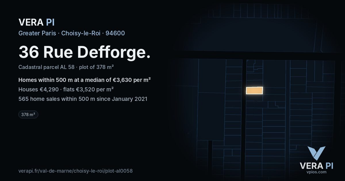 36 Rue Defforge, Choisy-le-Roi at night – the plot lit, the parcels around coloured by the prices near them