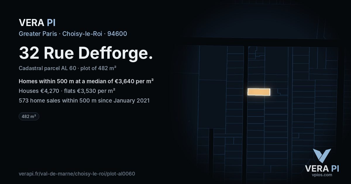32 Rue Defforge, Choisy-le-Roi at night – the plot lit, the parcels around coloured by the prices near them