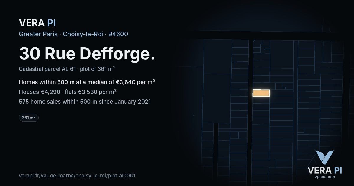 30 Rue Defforge, Choisy-le-Roi at night – the plot lit, the parcels around coloured by the prices near them