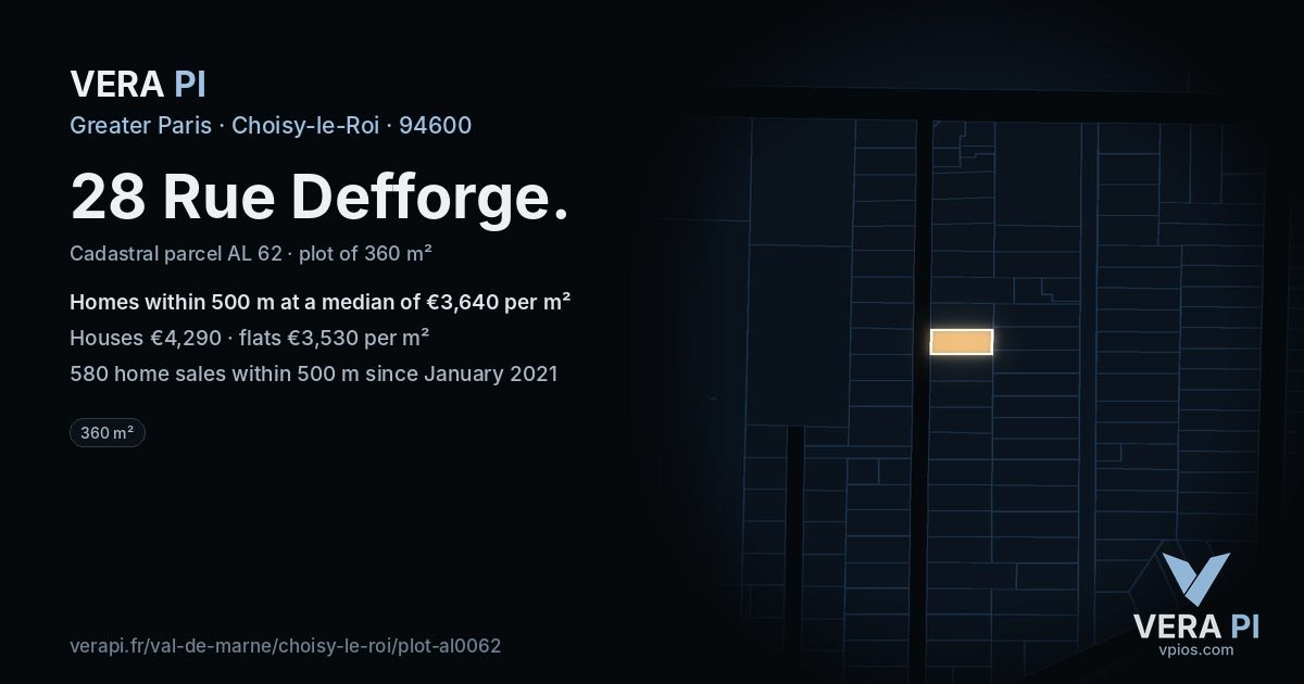 28 Rue Defforge, Choisy-le-Roi at night – the plot lit, the parcels around coloured by the prices near them