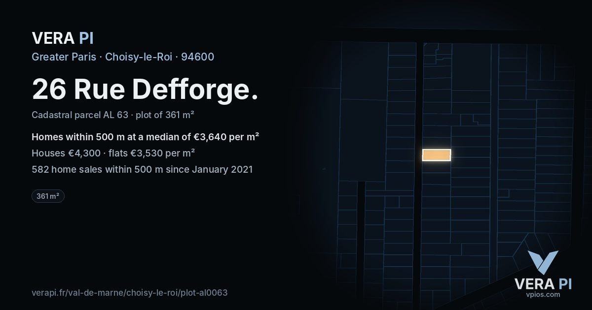 26 Rue Defforge, Choisy-le-Roi at night – the plot lit, the parcels around coloured by the prices near them