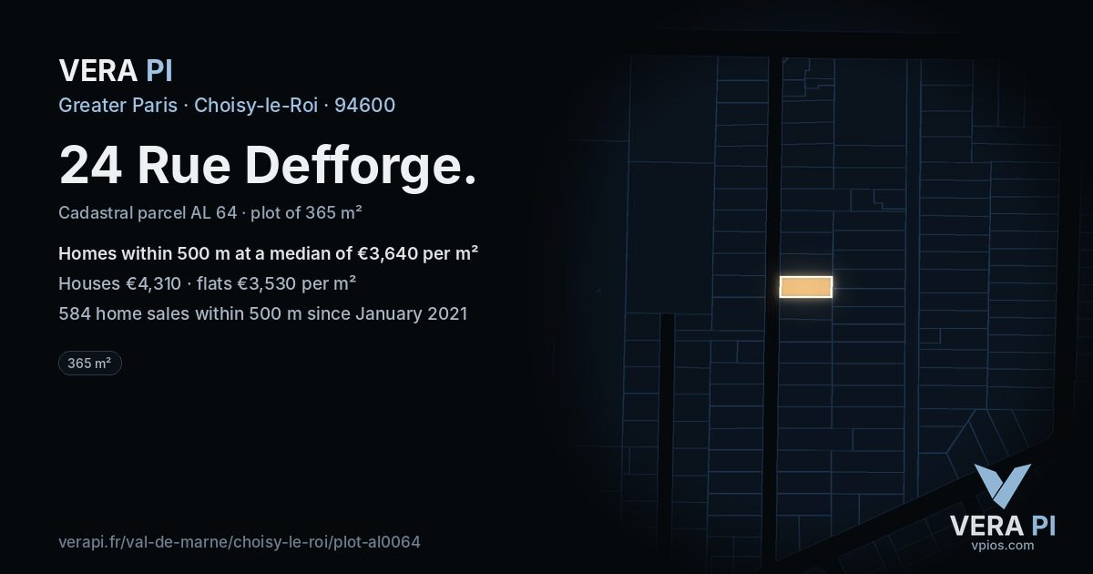 24 Rue Defforge, Choisy-le-Roi at night – the plot lit, the parcels around coloured by the prices near them