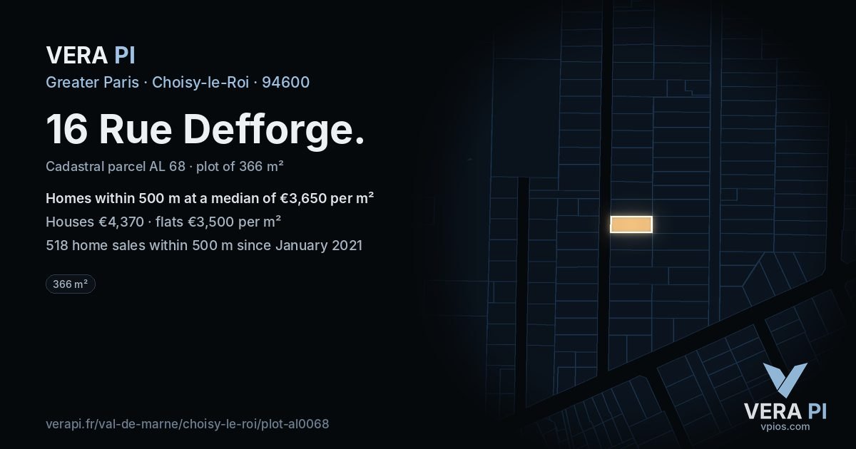 16 Rue Defforge, Choisy-le-Roi at night – the plot lit, the parcels around coloured by the prices near them