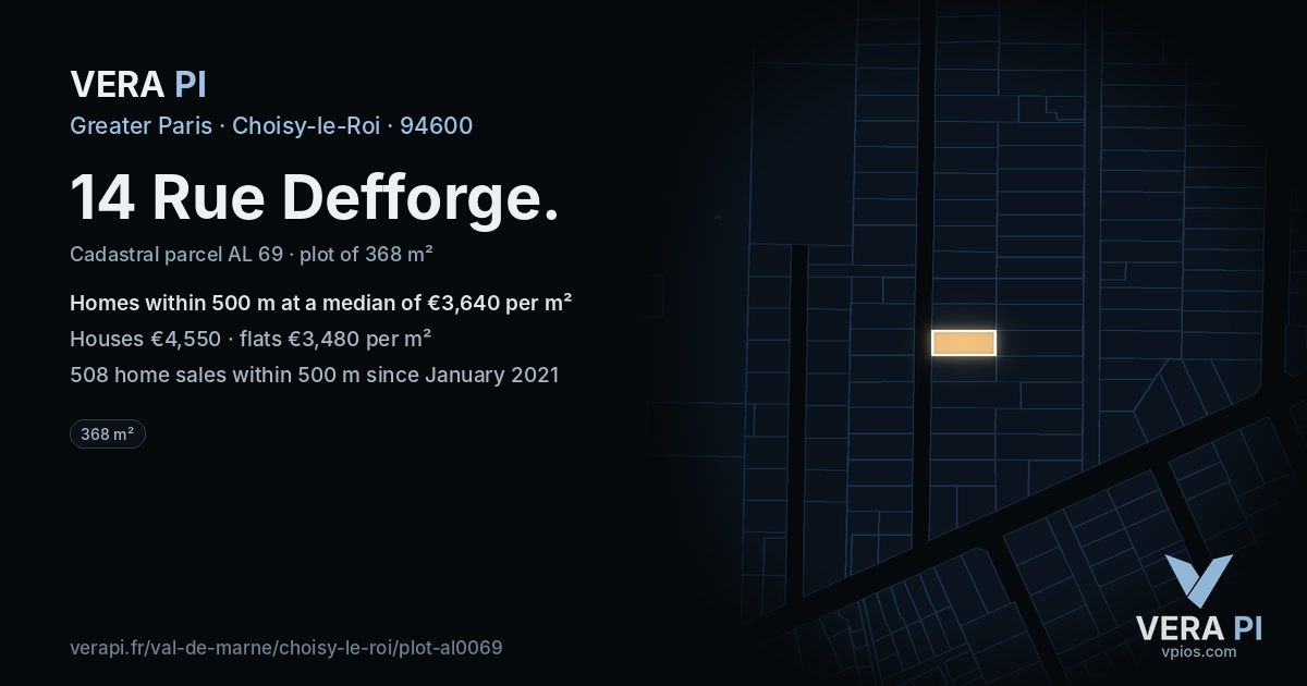 14 Rue Defforge, Choisy-le-Roi at night – the plot lit, the parcels around coloured by the prices near them