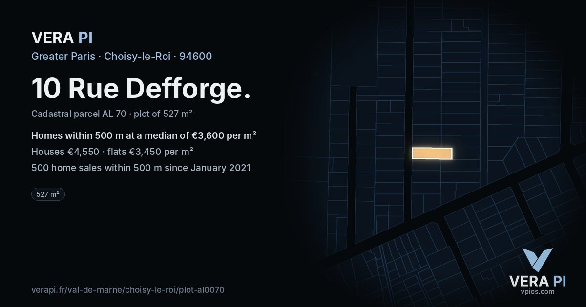 10 Rue Defforge, Choisy-le-Roi at night – the plot lit, the parcels around coloured by the prices near them