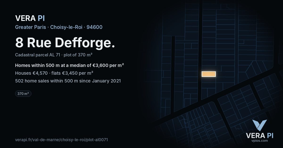 8 Rue Defforge, Choisy-le-Roi at night – the plot lit, the parcels around coloured by the prices near them