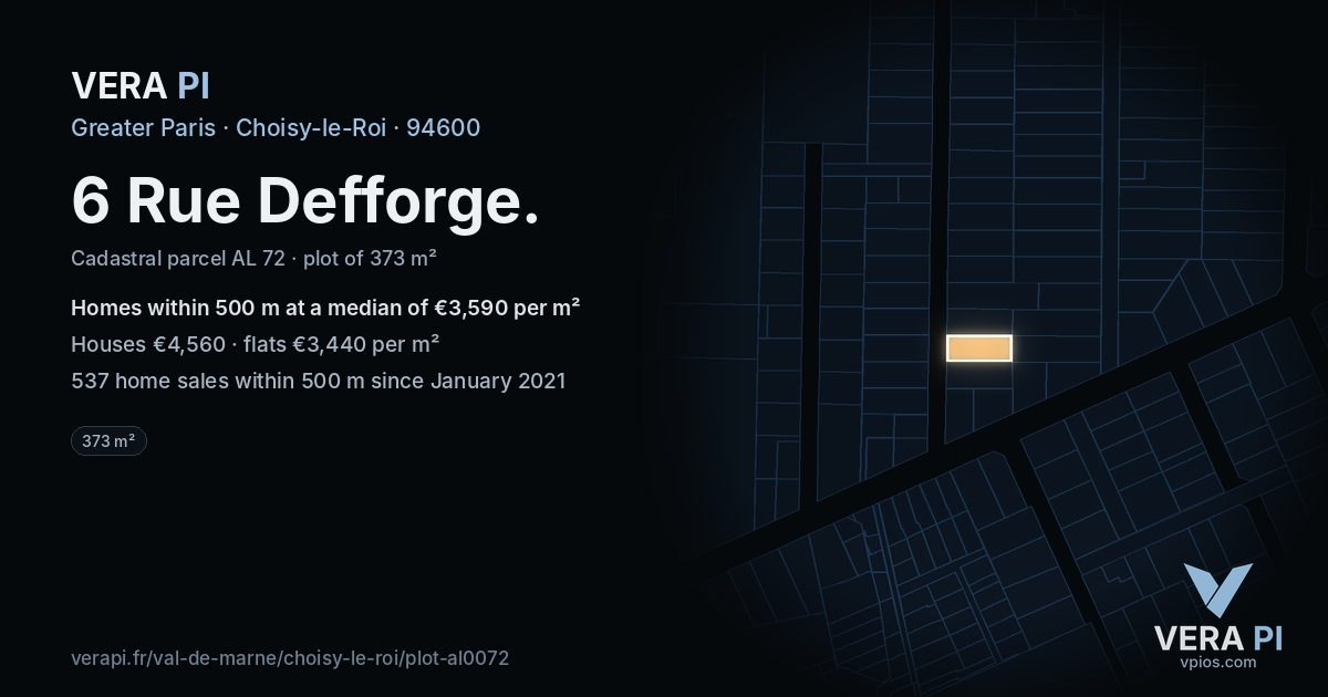 6 Rue Defforge, Choisy-le-Roi at night – the plot lit, the parcels around coloured by the prices near them