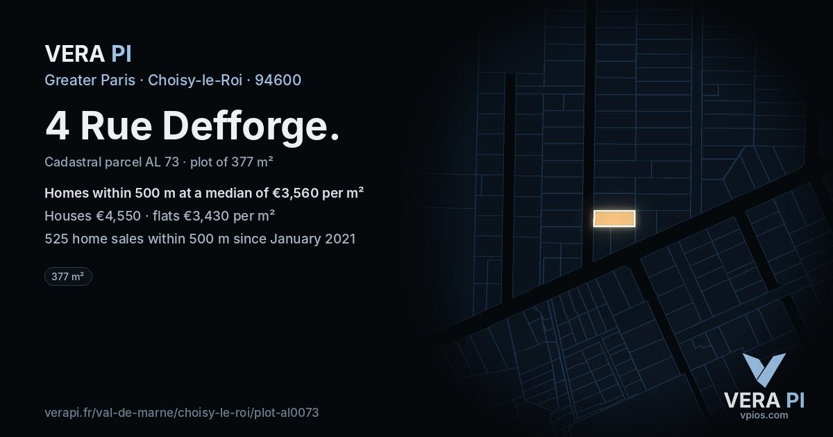 4 Rue Defforge, Choisy-le-Roi at night – the plot lit, the parcels around coloured by the prices near them