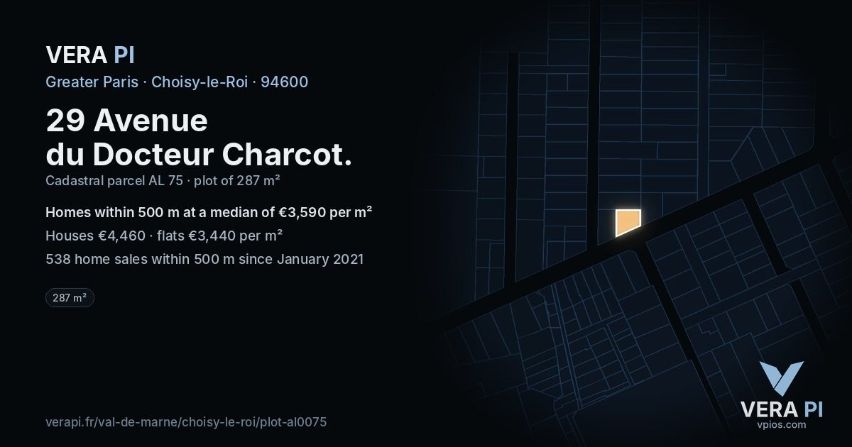 29 Avenue du Docteur Charcot, Choisy-le-Roi at night – the plot lit, the parcels around coloured by the prices near them