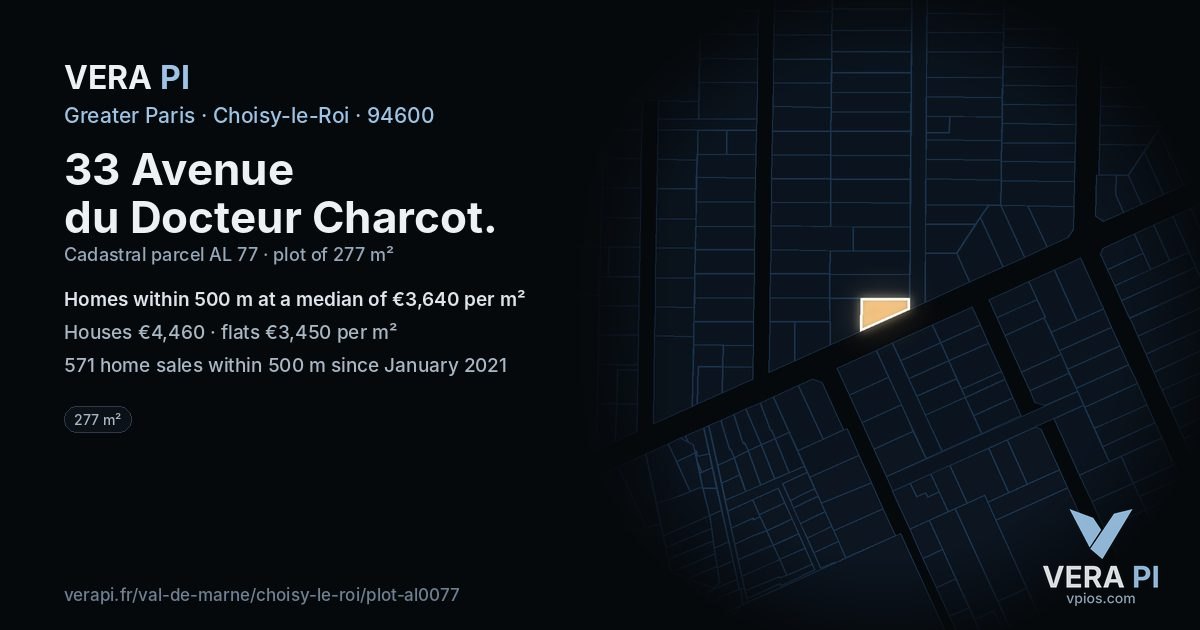 33 Avenue du Docteur Charcot, Choisy-le-Roi at night – the plot lit, the parcels around coloured by the prices near them