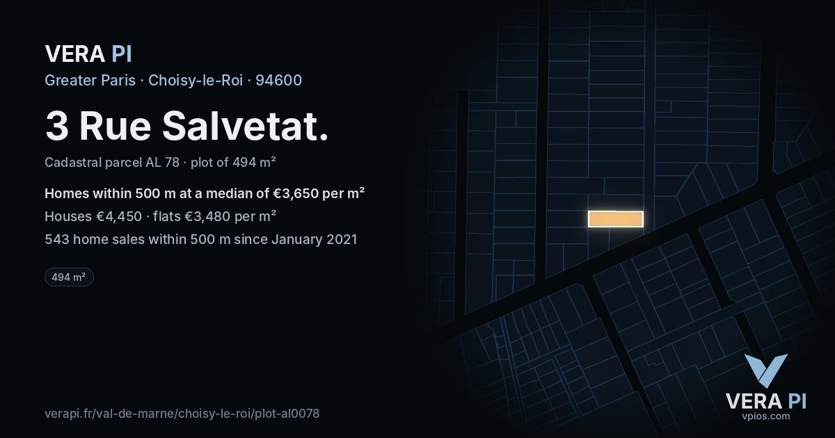 3 Rue Salvetat, Choisy-le-Roi at night – the plot lit, the parcels around coloured by the prices near them