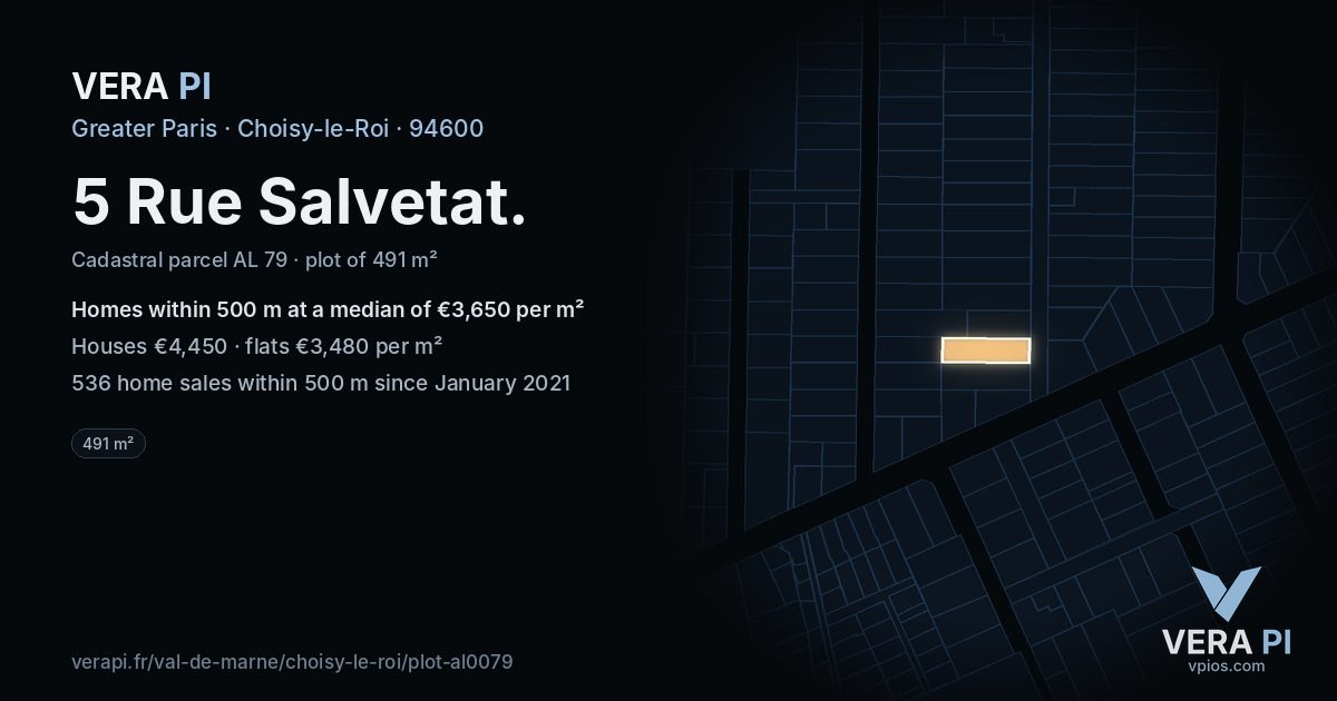 5 Rue Salvetat, Choisy-le-Roi at night – the plot lit, the parcels around coloured by the prices near them