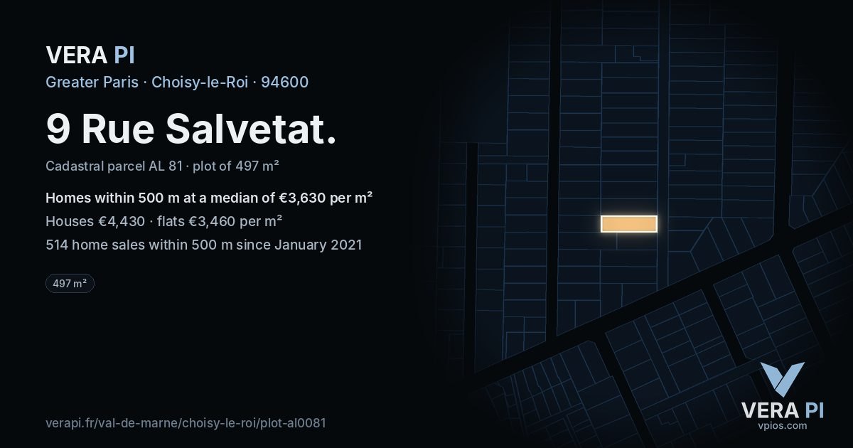 9 Rue Salvetat, Choisy-le-Roi at night – the plot lit, the parcels around coloured by the prices near them