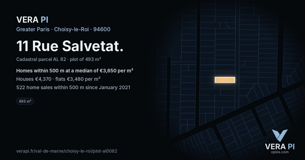 11 Rue Salvetat, Choisy-le-Roi at night – the plot lit, the parcels around coloured by the prices near them