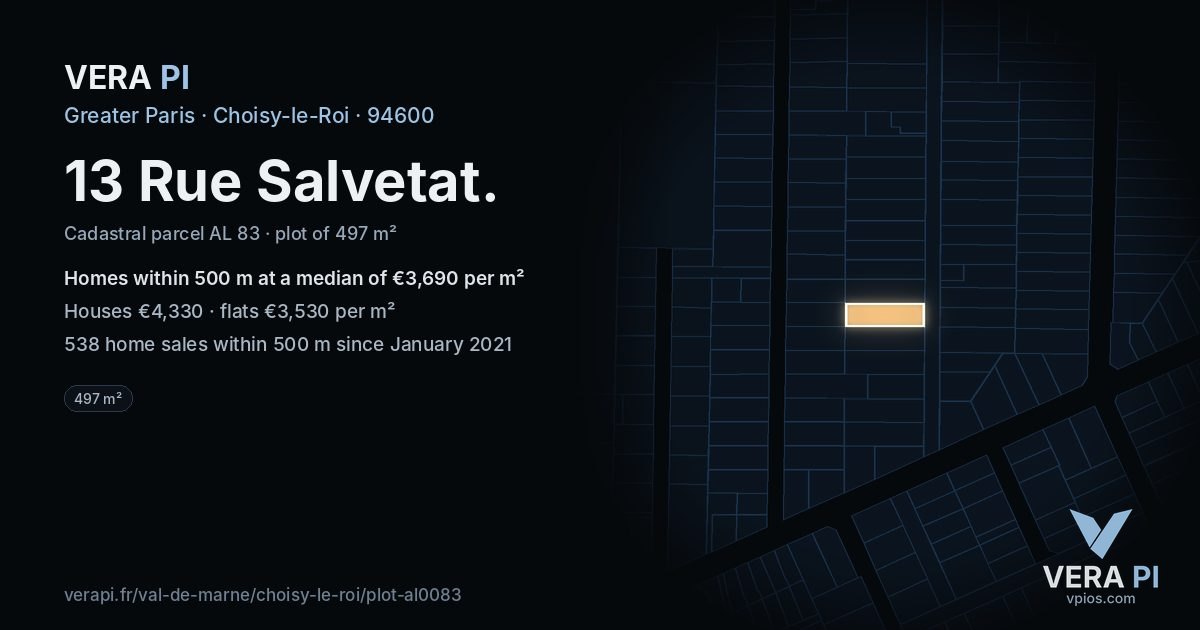 13 Rue Salvetat, Choisy-le-Roi at night – the plot lit, the parcels around coloured by the prices near them