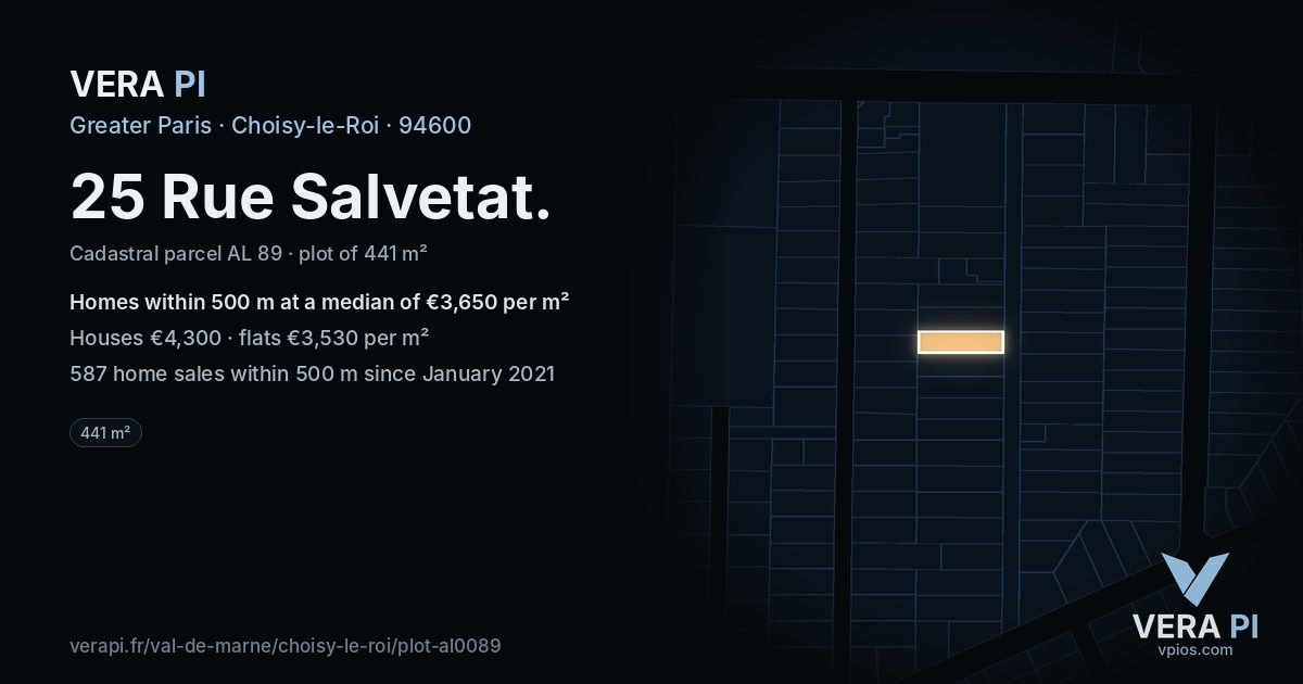 25 Rue Salvetat, Choisy-le-Roi at night – the plot lit, the parcels around coloured by the prices near them