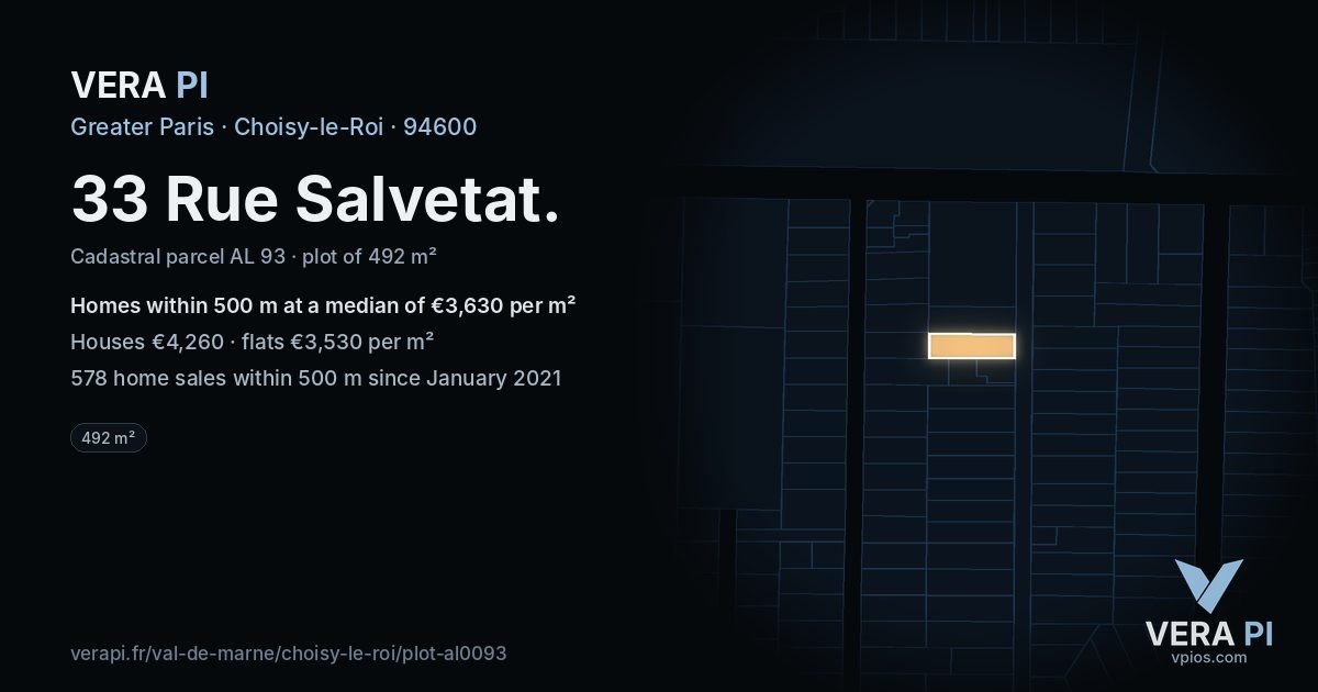 33 Rue Salvetat, Choisy-le-Roi at night – the plot lit, the parcels around coloured by the prices near them