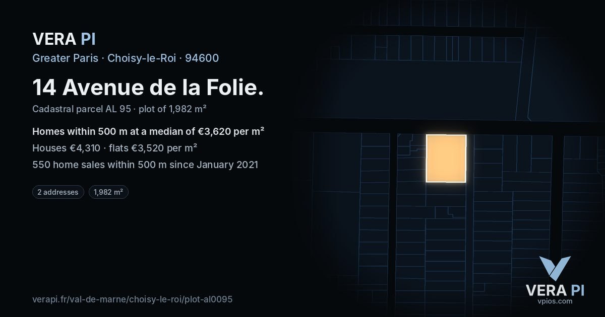 14 Avenue de la Folie, Choisy-le-Roi at night – the plot lit, the parcels around coloured by the prices near them