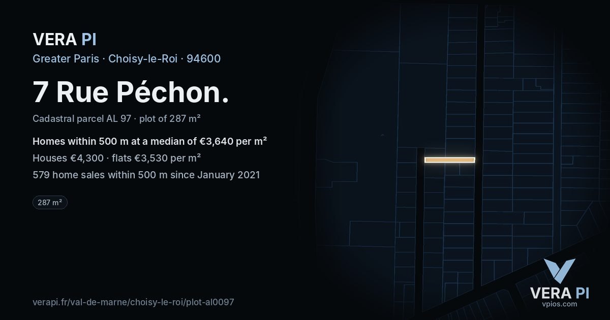 7 Rue Péchon, Choisy-le-Roi at night – the plot lit, the parcels around coloured by the prices near them