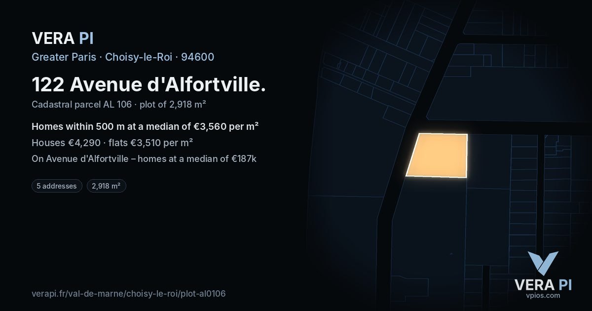122 Avenue d'Alfortville, Choisy-le-Roi at night – the plot lit, the parcels around coloured by the prices near them