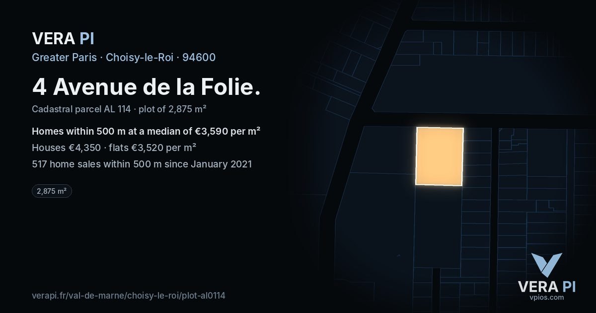 4 Avenue de la Folie, Choisy-le-Roi at night – the plot lit, the parcels around coloured by the prices near them